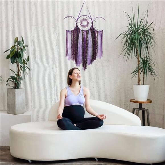 Purple Triple Moon Goddess Macrame Wall Hanging, Boho Crescent Dream Catcher - Picture 5 of 8